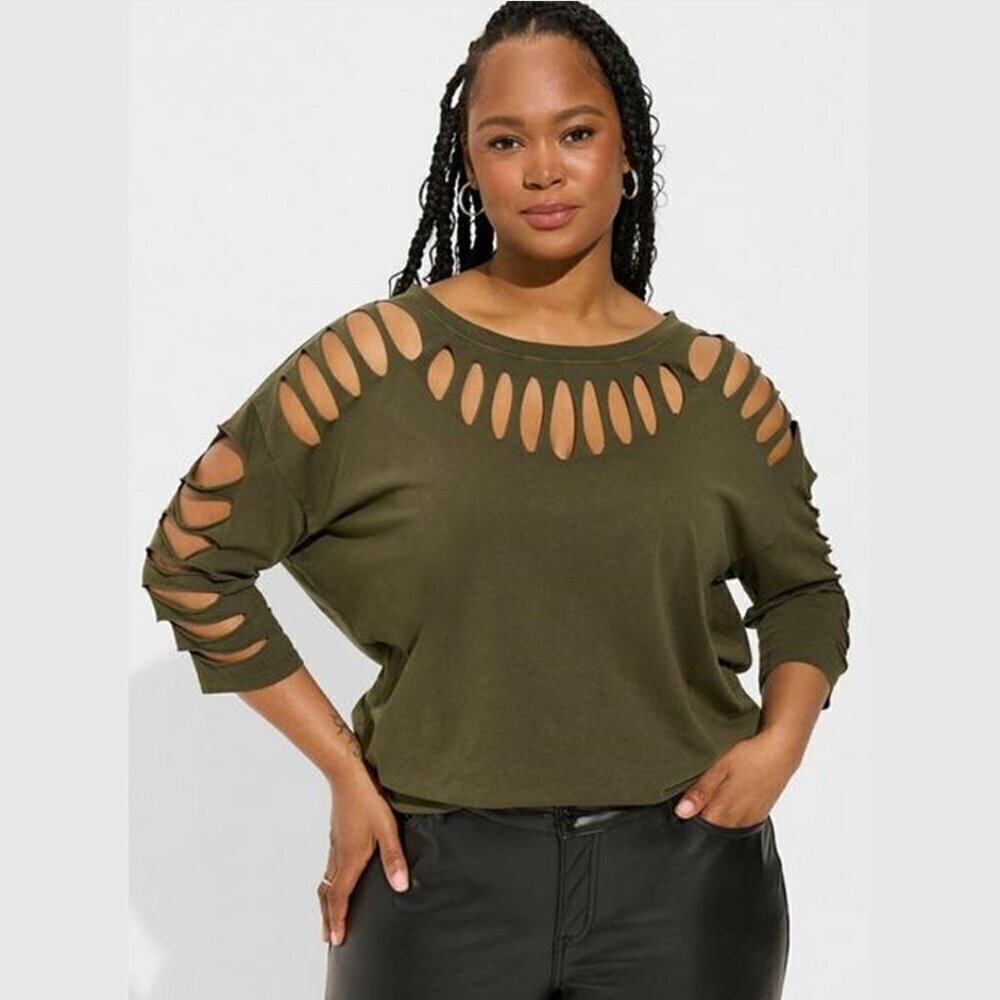Torrid - Vintage Cotton Jersey Crew Neck Cutout Long Sleeve Tee in Olive Green